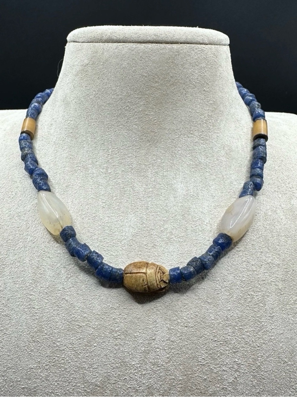 Vintage Egyptian Revival Scarab Blue Wound Glass White Stone Necklace 16 Inches